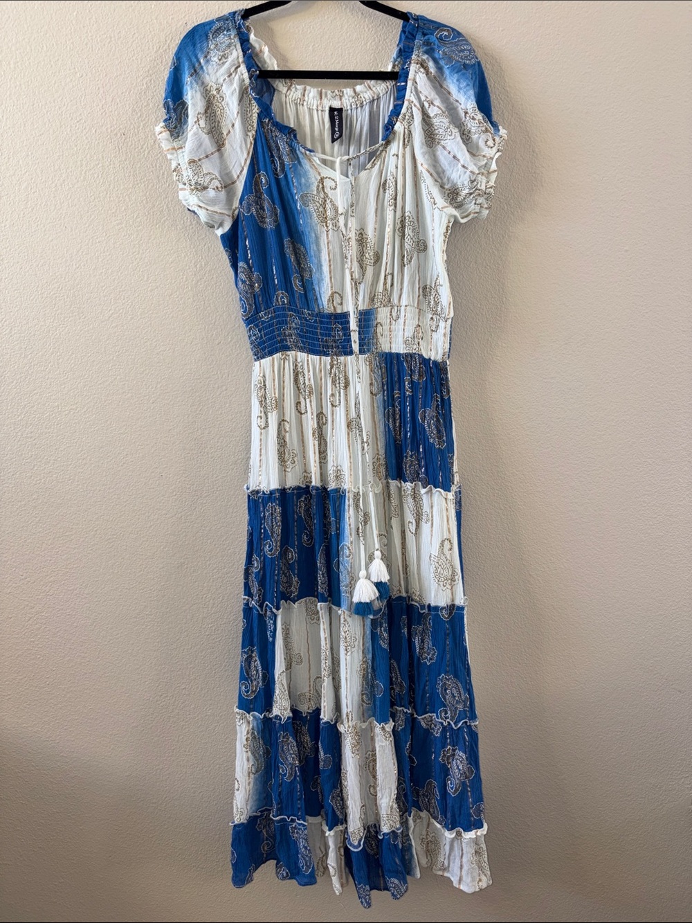 Boho Patchwork Maxi Dress in Blue & White